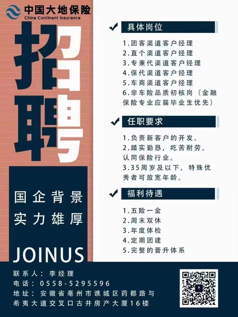 中国大地保险亳州中支招聘